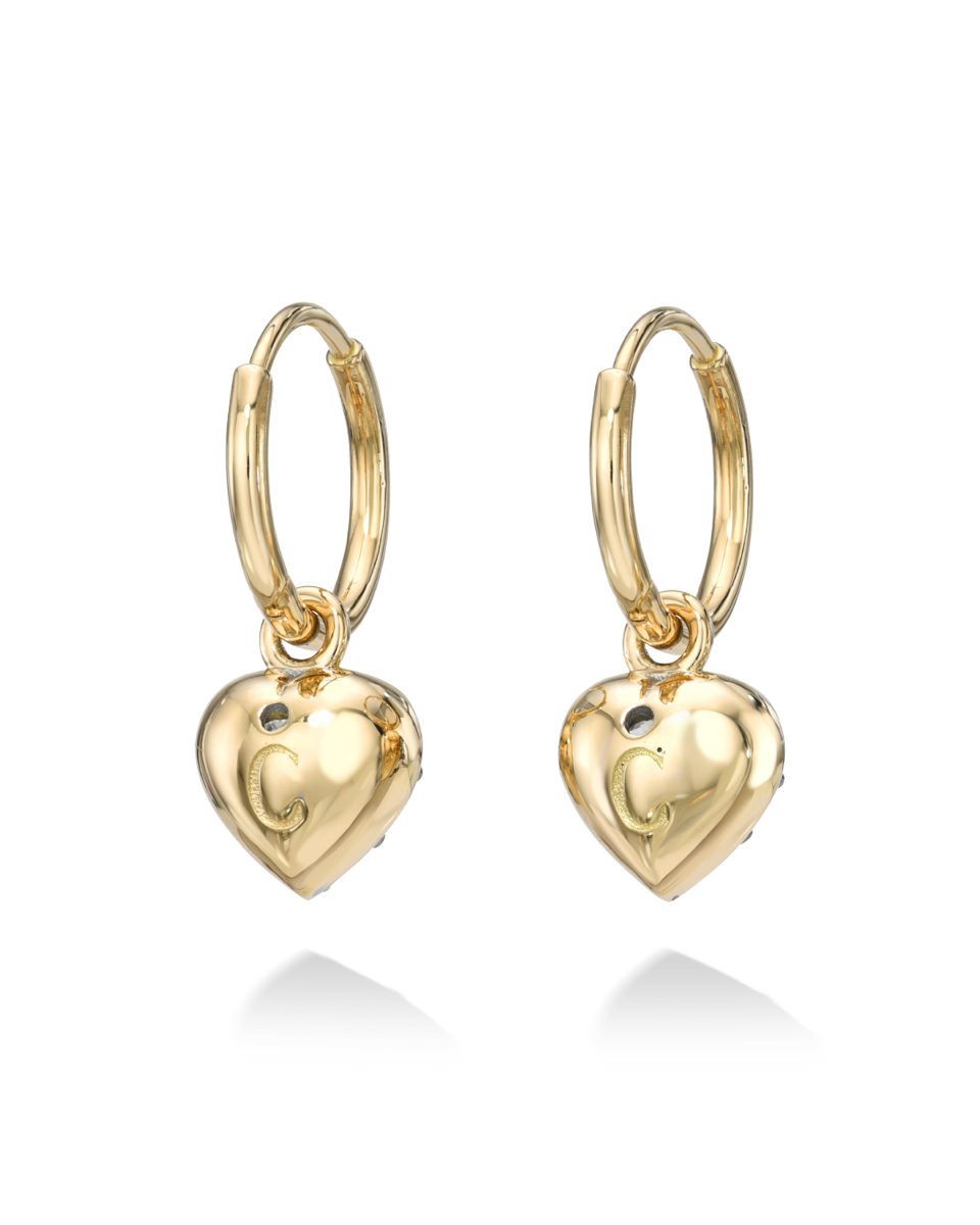 18K Yellow Gold Heart Shaped Drop Earrings