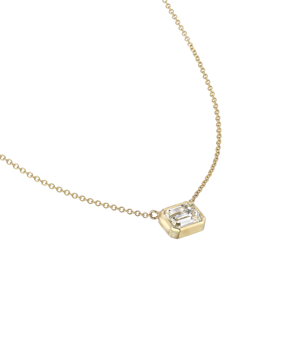 18K Yellow Gold Bezel Set Emerald Cut Diamond Necklace