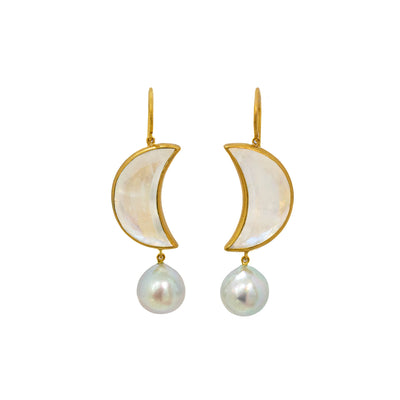 22K Yellow Gold Rainbow Moonstone and Pearl Earrings