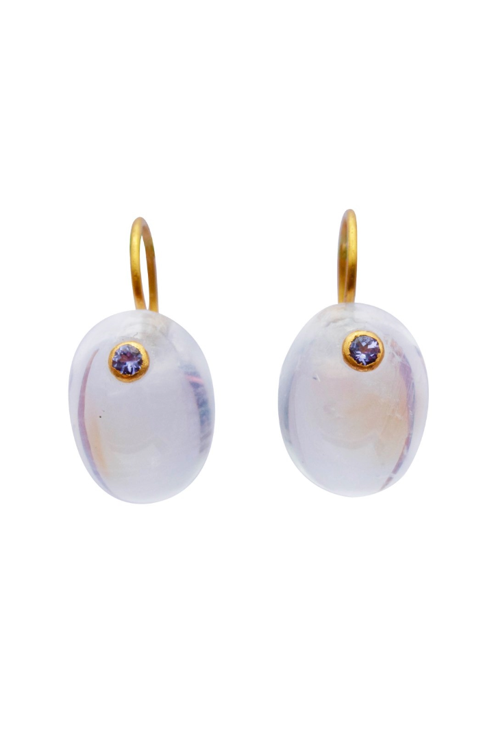 22K Yellow Gold Rainbow Moonstone Jellybean Earrings