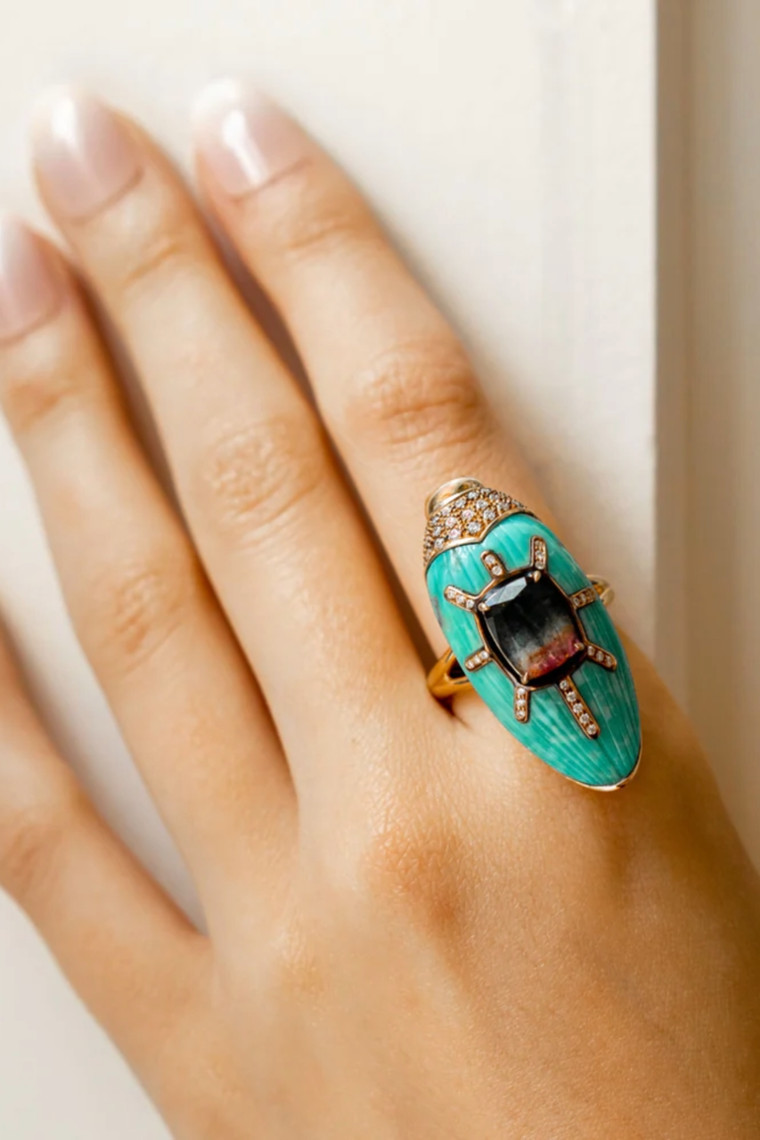 Scarab Turquoise Ring with Watermelon Tourmaline