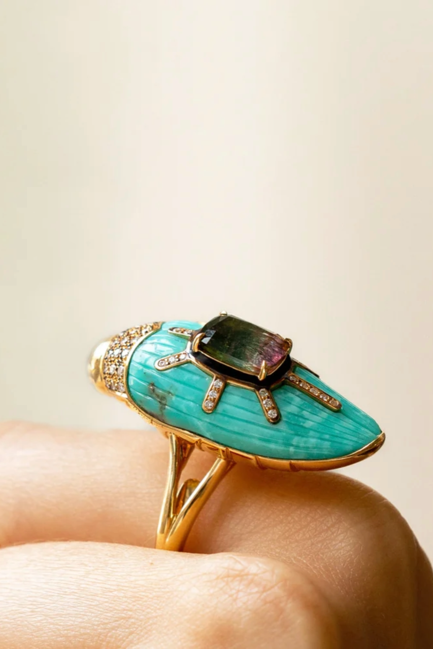 Scarab Turquoise Ring with Watermelon Tourmaline