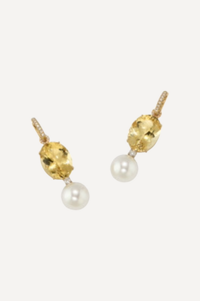 18K Yellow & White Gold Earrings Set with Beryl, South Sea Pearls, Full Cut Diamonds and Diamond Pavé