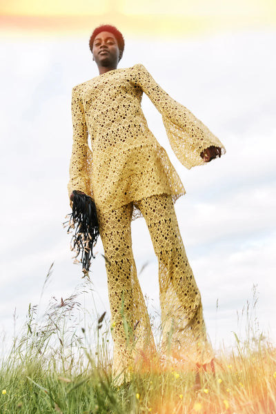 Phoenix Flare Cropped Pant in Gold Silk Macrame Lace