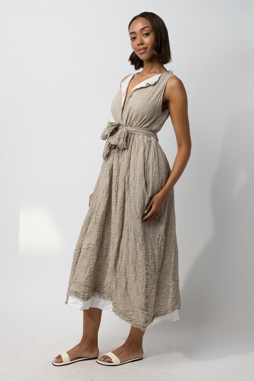 Sleeveless Cotton and Linen Dress with Self-tie Belt