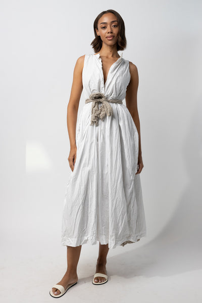 Sleeveless Cotton and Linen Dress with Self-tie Belt