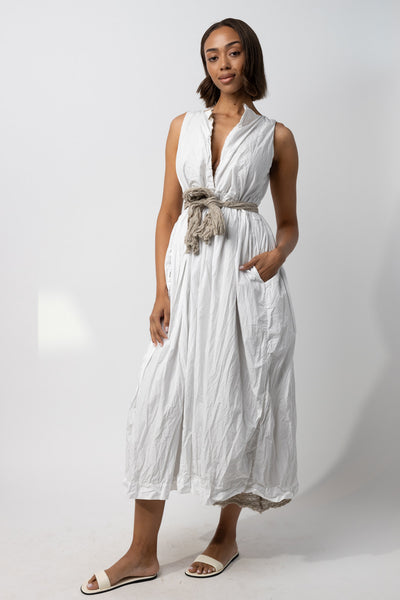 Sleeveless Cotton and Linen Dress with Self-tie Belt