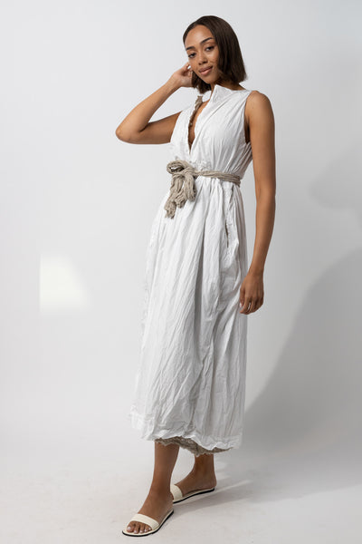 Sleeveless Cotton and Linen Dress with Self-tie Belt