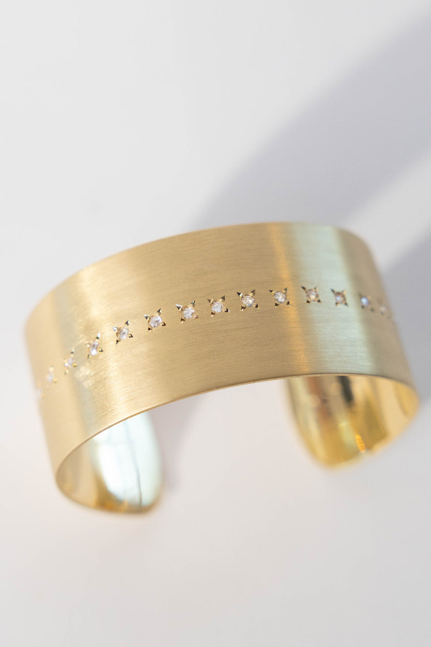 18K Yellow Gold 25mm Cuff set with 2mm Round Rose Cut Diamonds