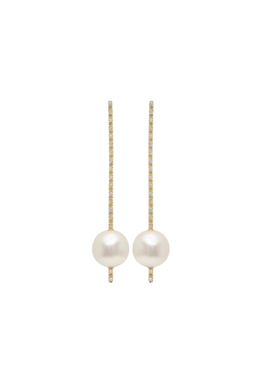 14K Yellow Gold Pearl and Diamond Stick Earrings