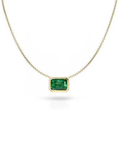 18K Yellow Gold 18" Green Emerald Bezel Set Necklace