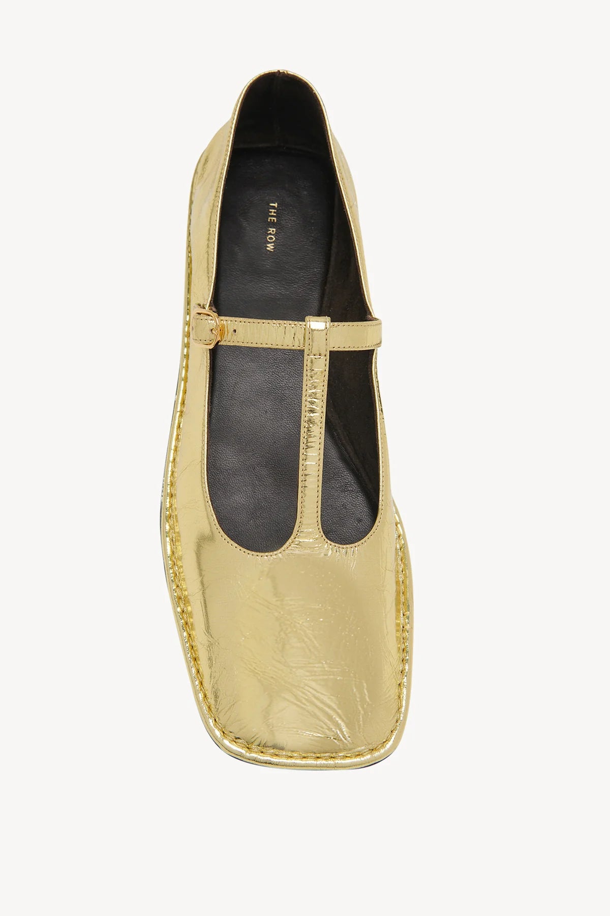 Square T-Strap Flat in Leather - Gold