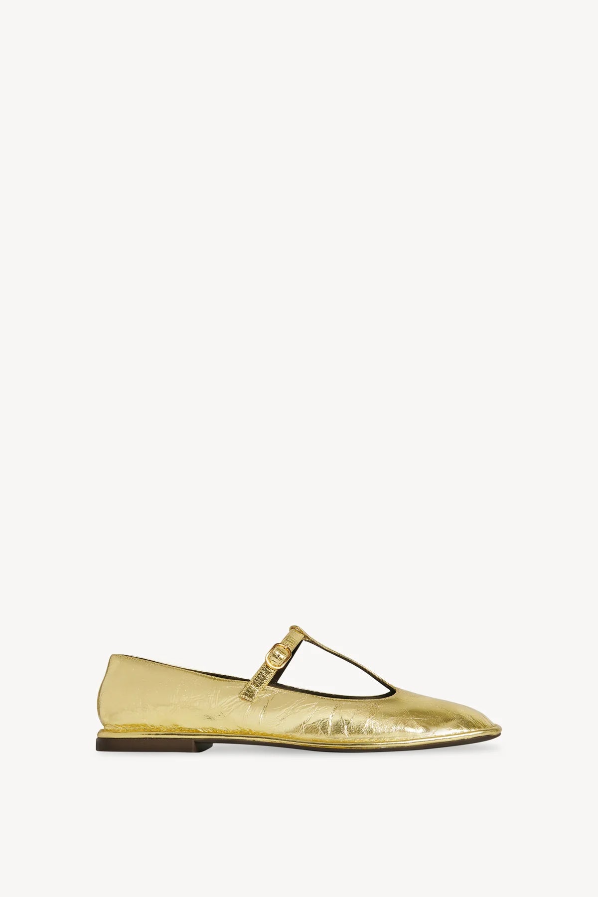 Square T-Strap Flat in Leather - Gold