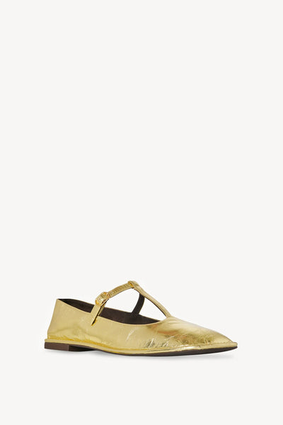 Square T-Strap Flat in Leather - Gold