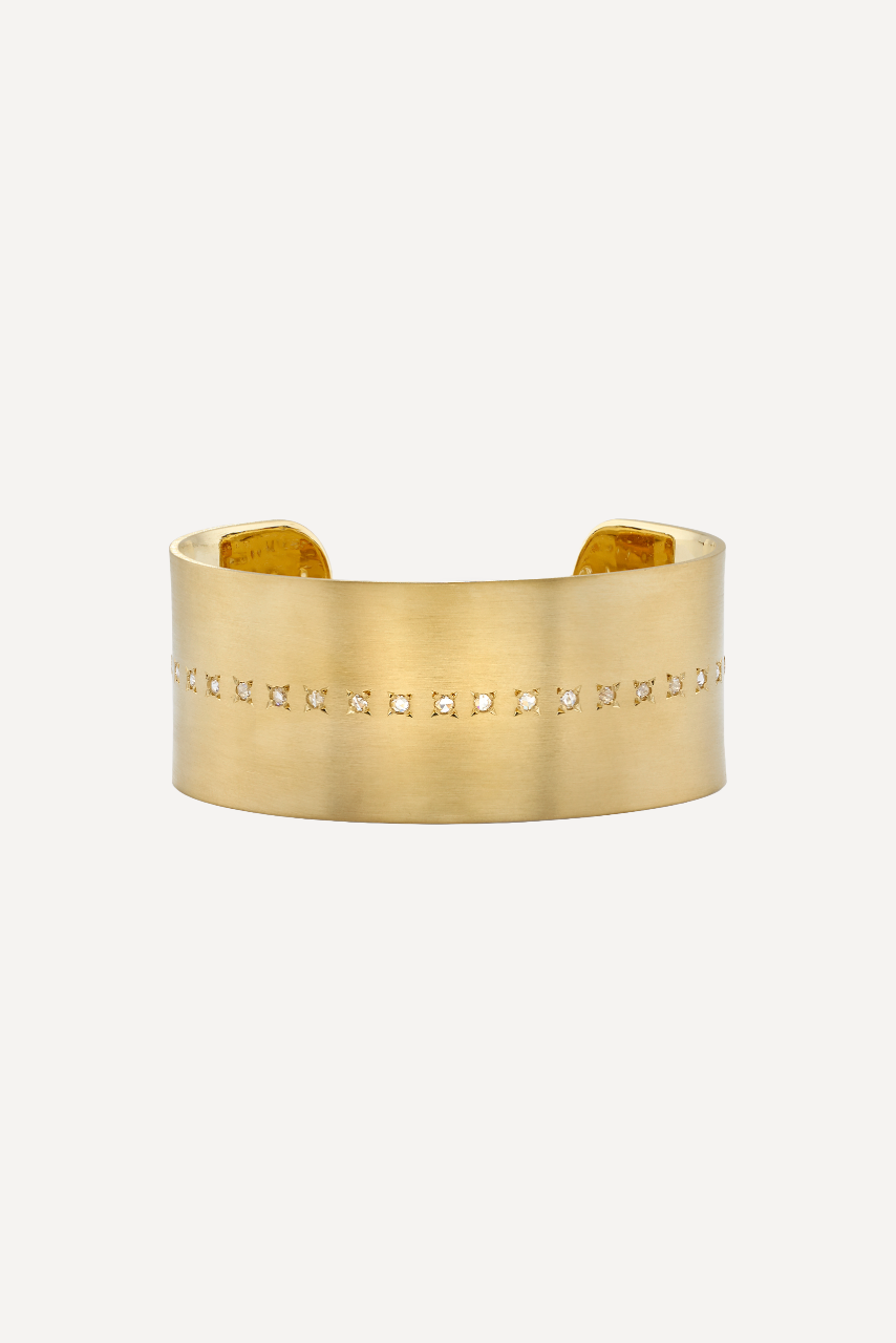 18K Yellow Gold 25mm Cuff set with 2mm Round Rose Cut Diamonds