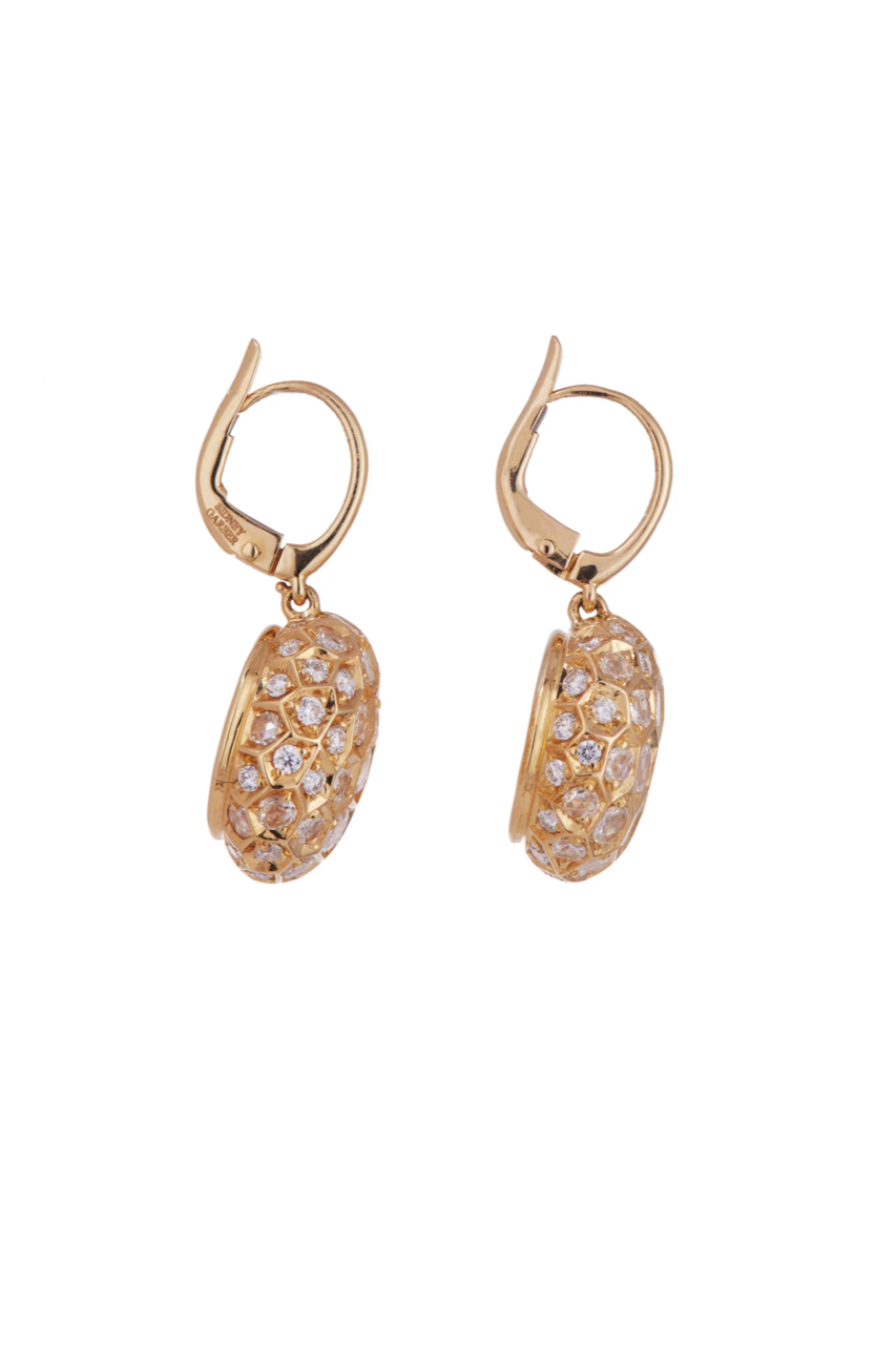 18K Yellow Gold Diamond Honeycomb Small Drop Earrings