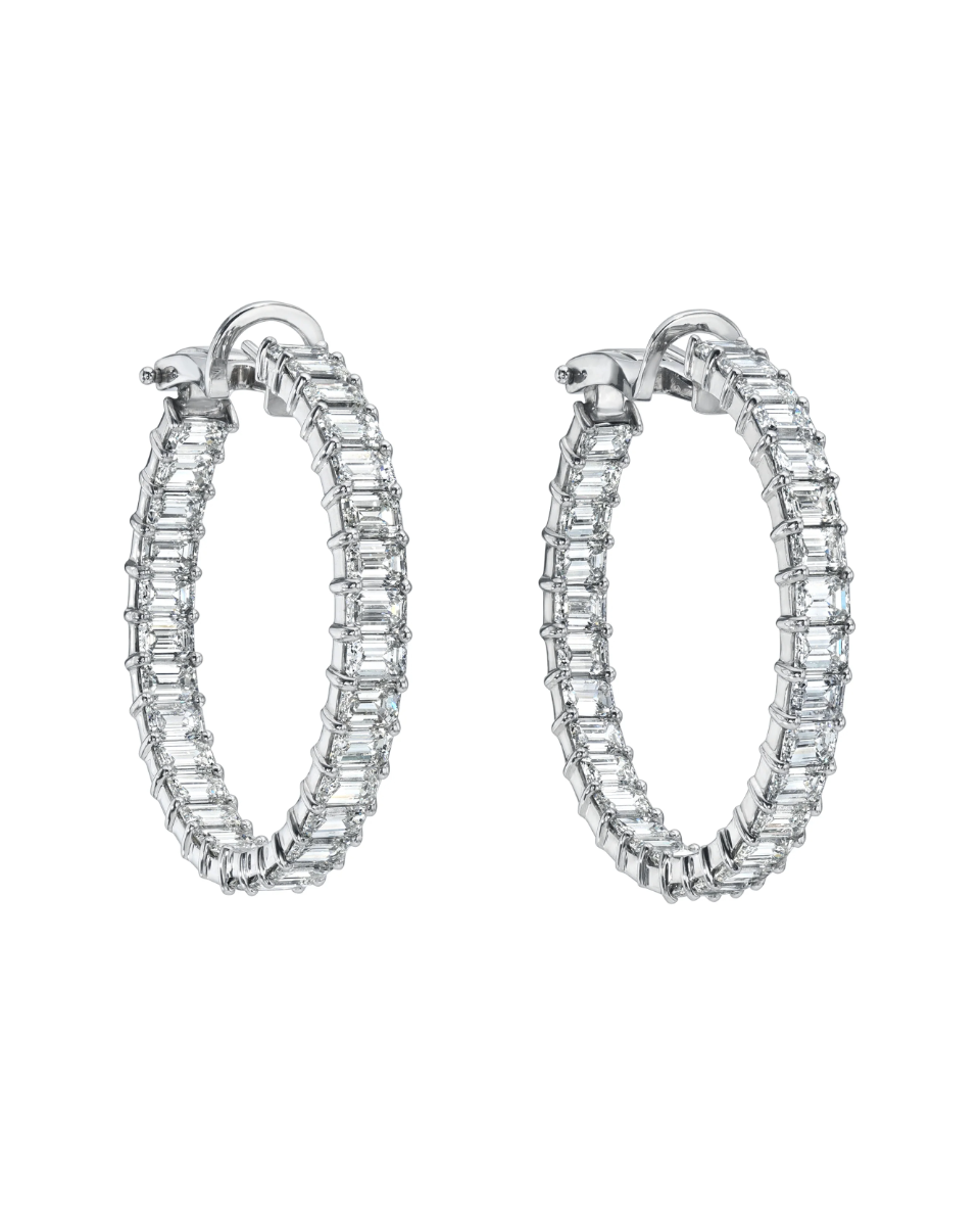 18K White Gold Emerald Cut Diamond Hoops (Large)