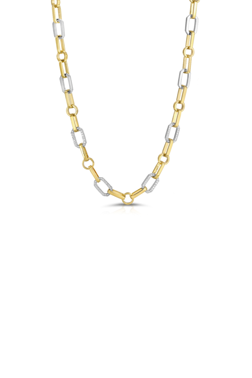 14K Yellow Gold and Silver Mixed Link Chain with Diamonds Necklace