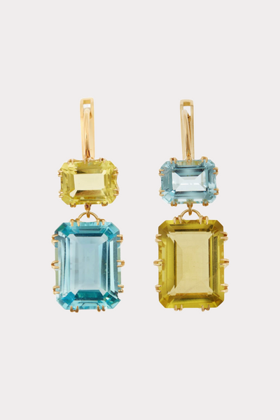 18K Yellow Gold Blue and Lemon Topaz Oblong Crown Earrings