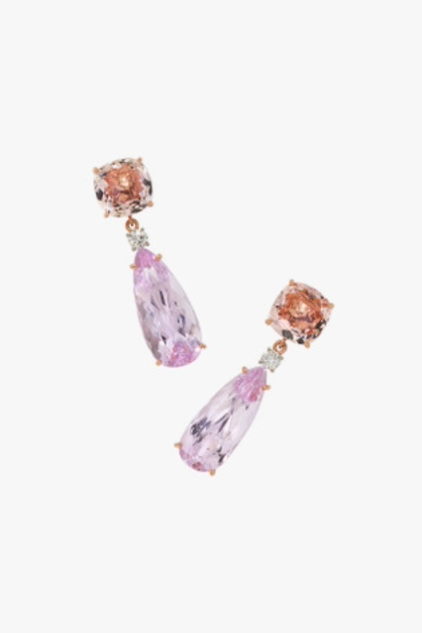 18K Rose and White Gold Earrings Set with Morganite, Kunzite, and Full Cut Diamonds