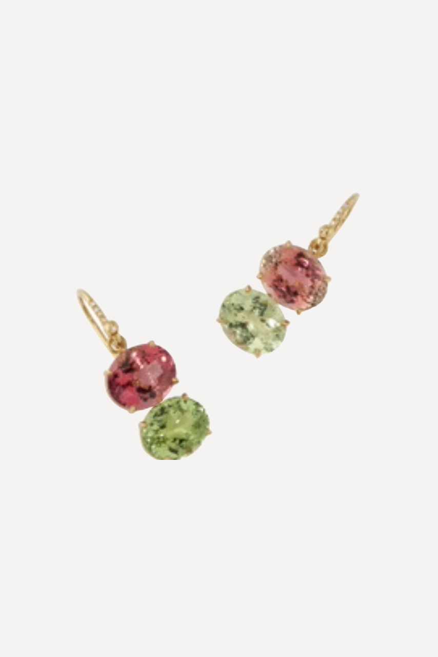 18K Yellow Gold Earrings Set With Pink Tourmaline and Green Tourmaline on Diamond Pavé Hooks