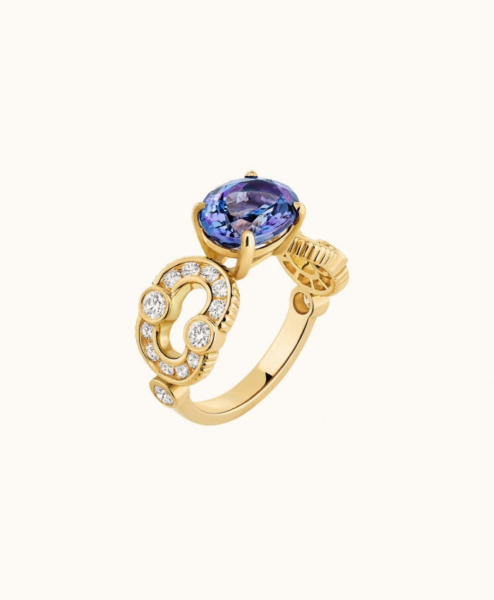 18K Yellow Gold Enchainée Tanzanite and Diamond Ring